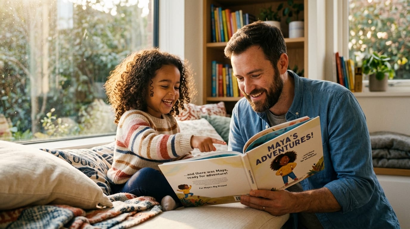 Curly-haired girl points to her likeness in a personalized children's book while reading with her father in a sun-drenched, modern reading nook.