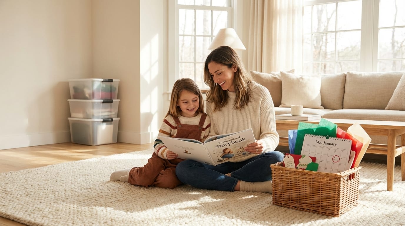 Mother and daughter read a personalized storybook on a rug next to a birthday prep basket and January wall calendar, enjoying post-holiday calm.