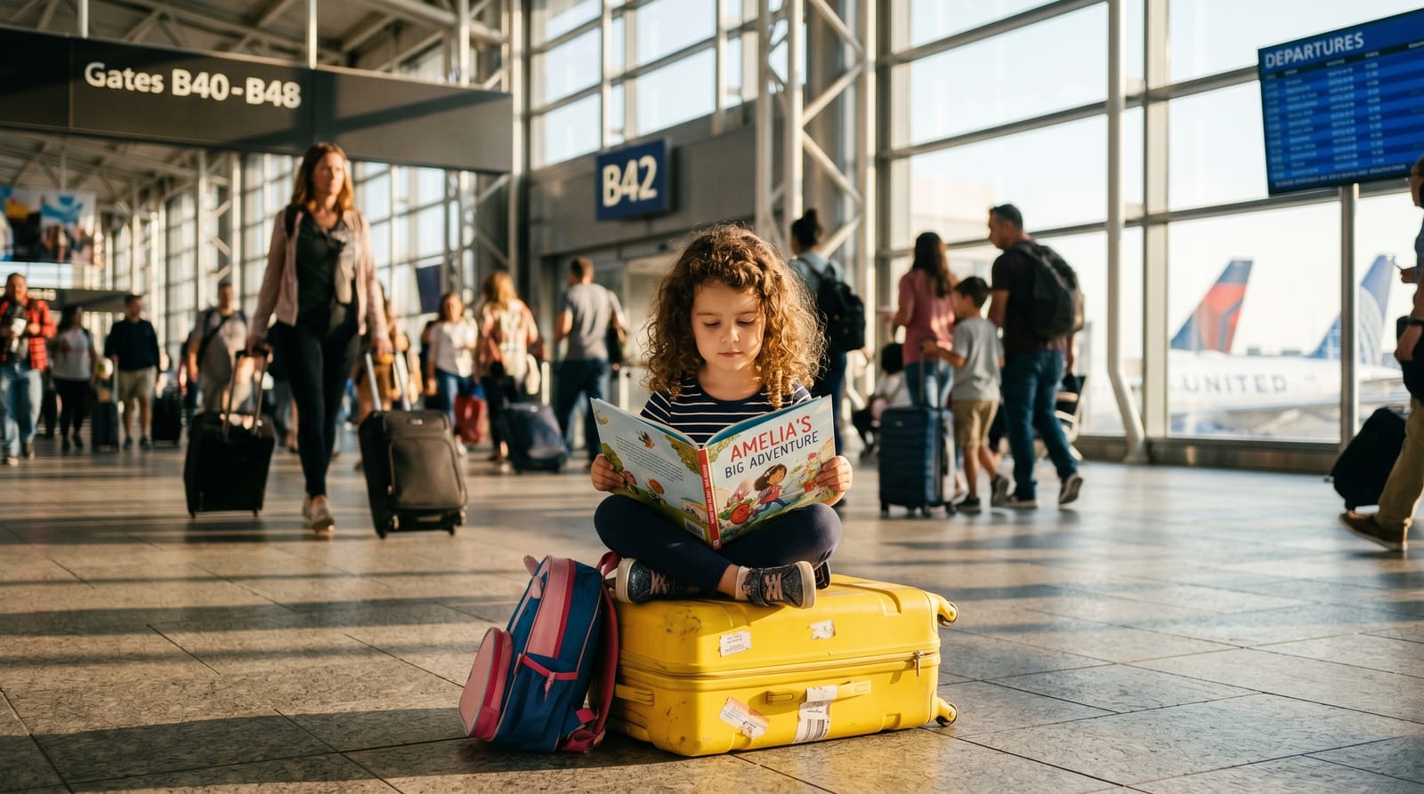 Curly-haired girl sitting on a yellow suitcase in a sun-drenched airport terminal, reading a personalized children's book with calm confidence.