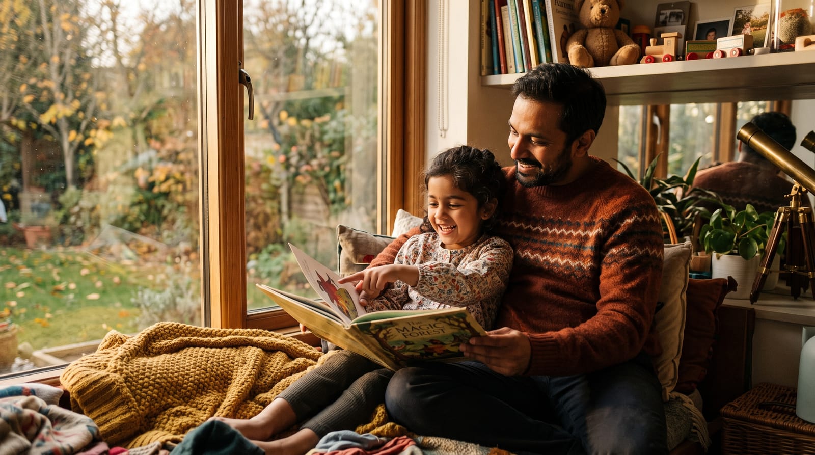 South Asian father and daughter bond over a personalized storybook in a sun-drenched window nook as she points to a character with a proud smile.