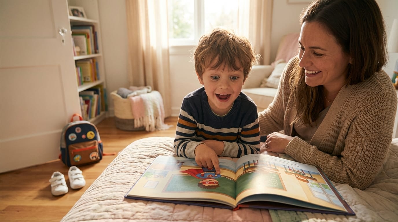 A joyful boy and mother read a personalized children's book featuring him as a superhero, with school gear nearby in a sun-drenched bedroom.