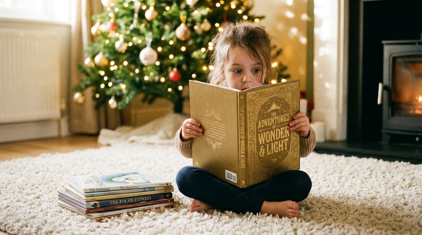 Five-year-old girl holding a premium personalized children's book with wonder by a Christmas tree, beside a stack of daily reading paperbacks.