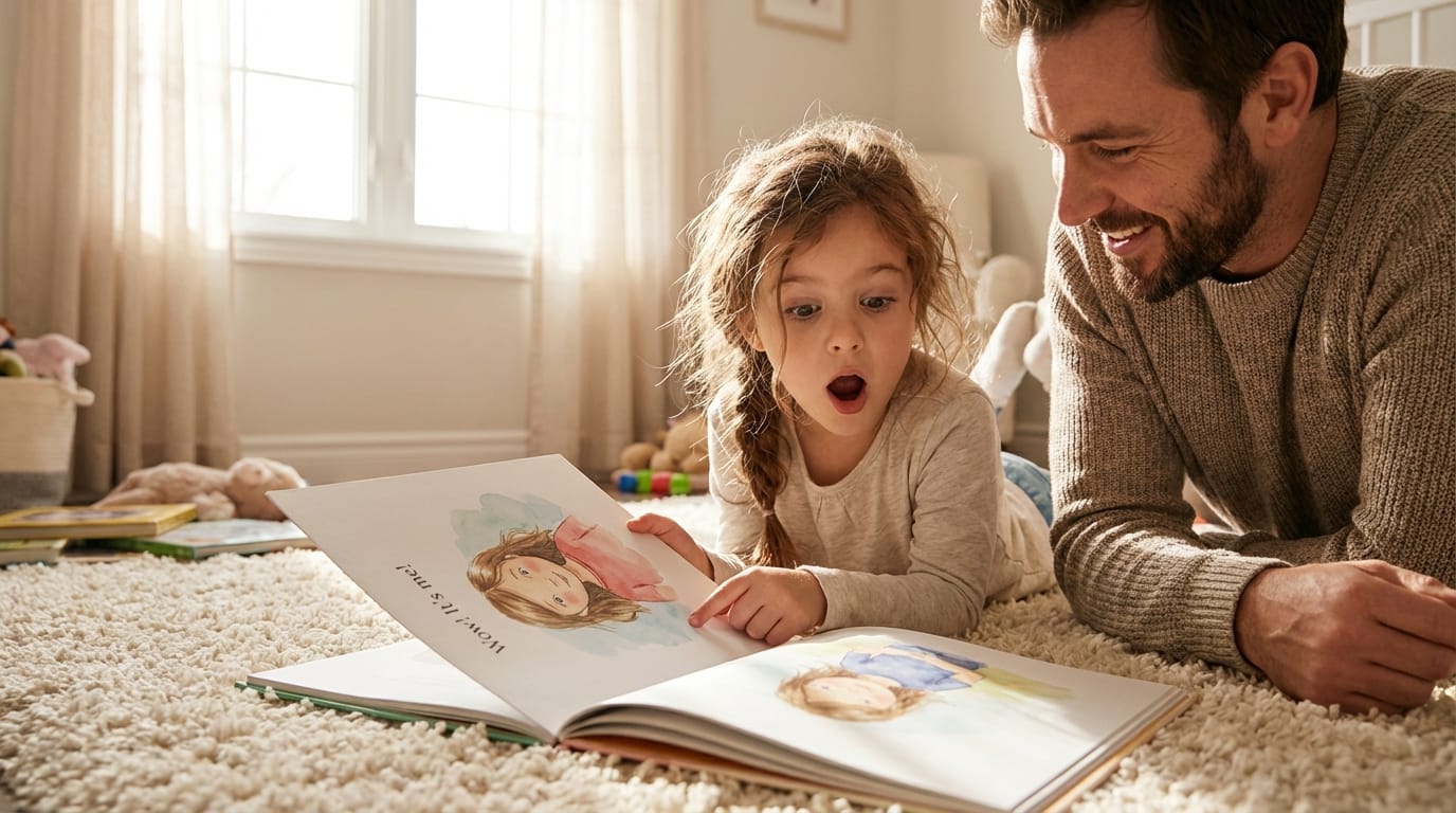 Astonished girl sees her face in a personalized children's book with her father on a plush nursery rug, capturing the joy of a unique custom gift.