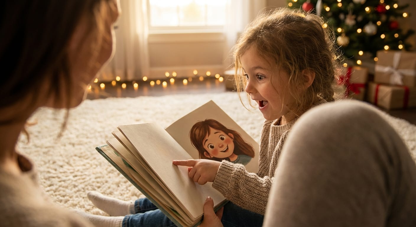 Girl points with wonder at a personalized children's book featuring her likeness on thick matte pages, sitting on a plush rug near festive lights.
