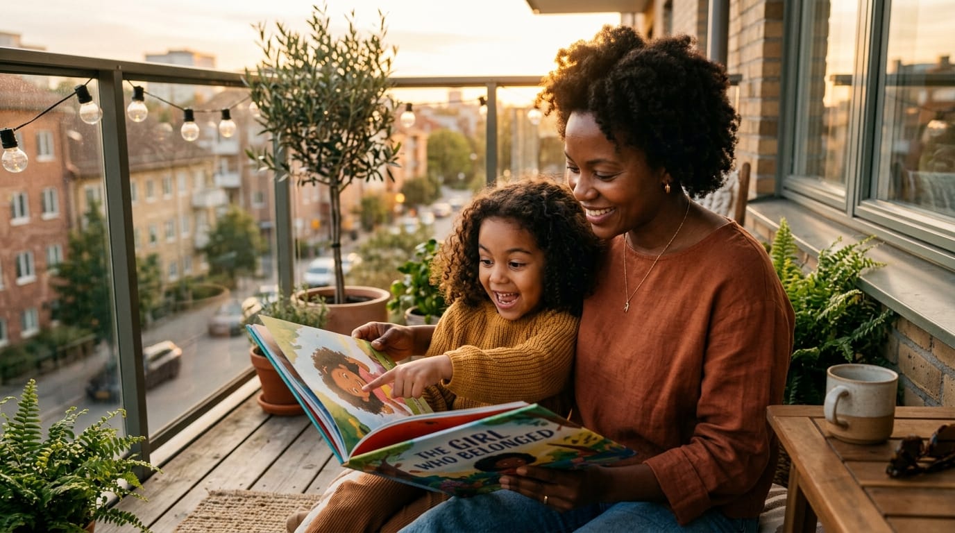 Diverse mother and daughter share a personalized children's book on a sun-drenched balcony; the girl points at the page with joyful recognition.