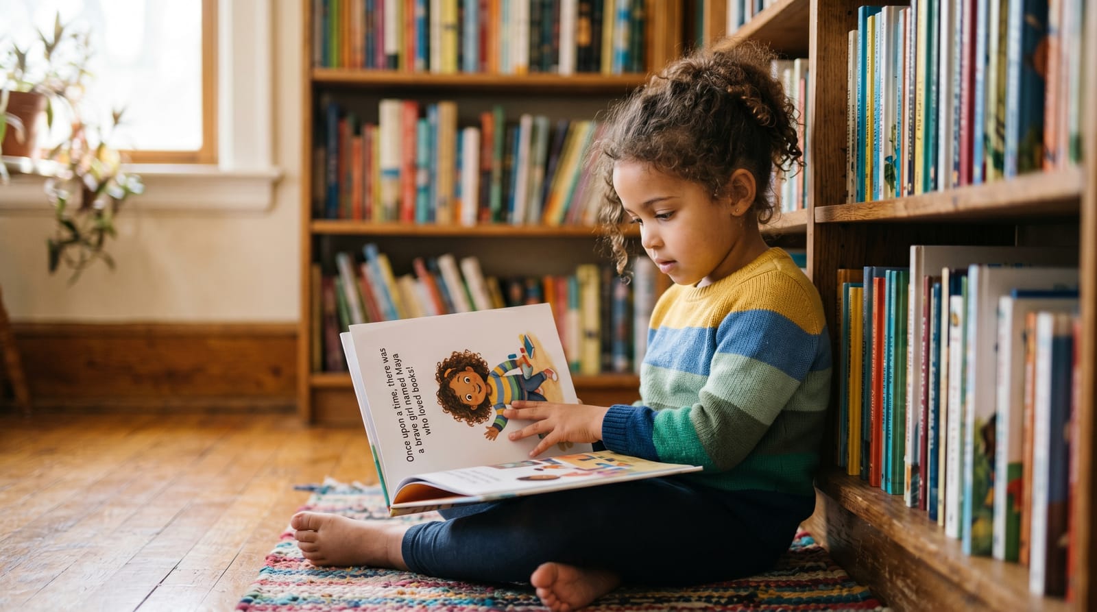 Biracial child sitting in a sunlit home library, intently reading a personalized children's book with a character that mirrors their own identity.
