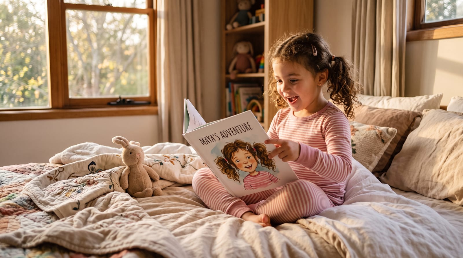 Joyful girl on a cozy bed pointing to her own likeness in a personalized children's book, illuminated by golden hour light from a window.