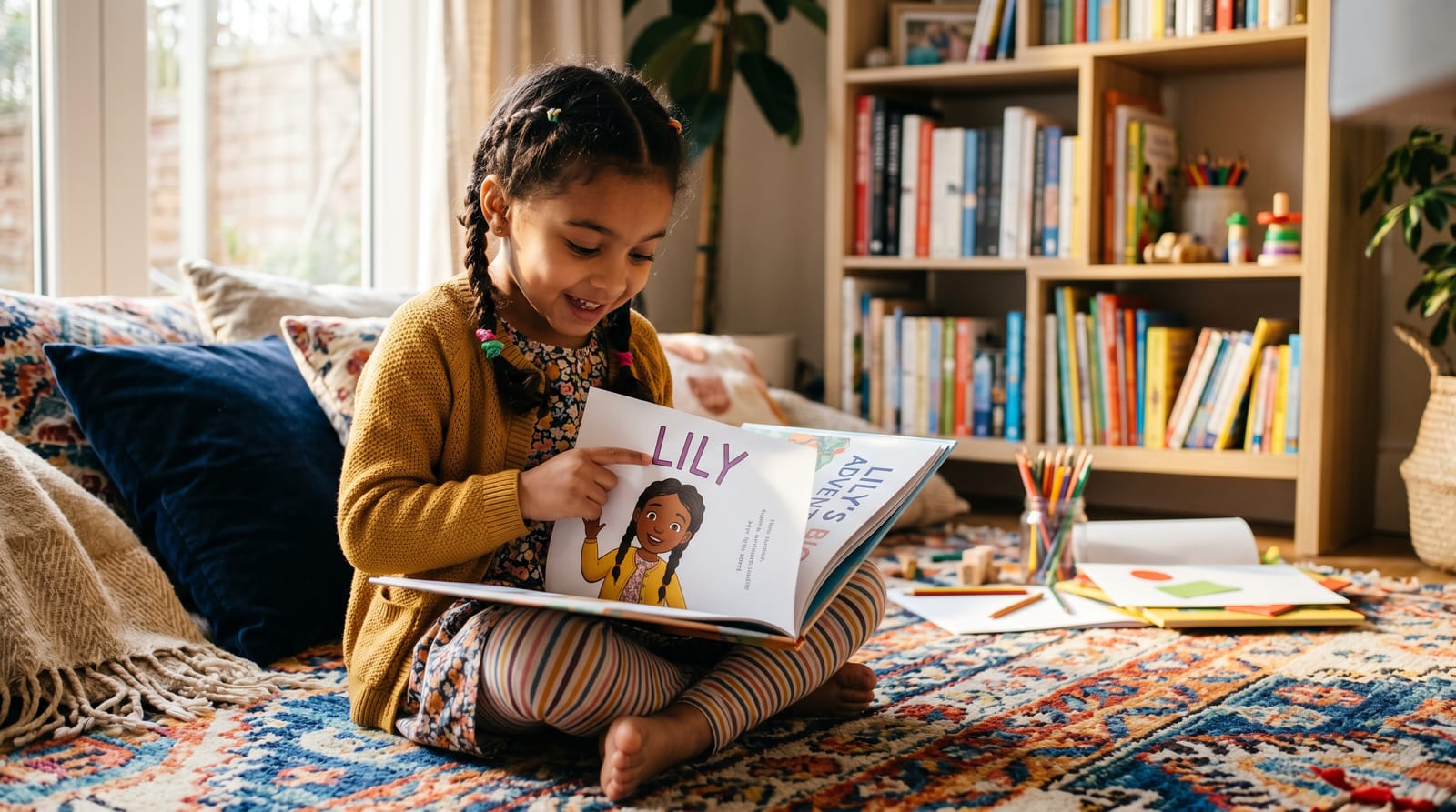 Girl with dark braids on a vibrant rug, tracing her name in a personalized children's book with wonder in a sun-drenched, creative living room.