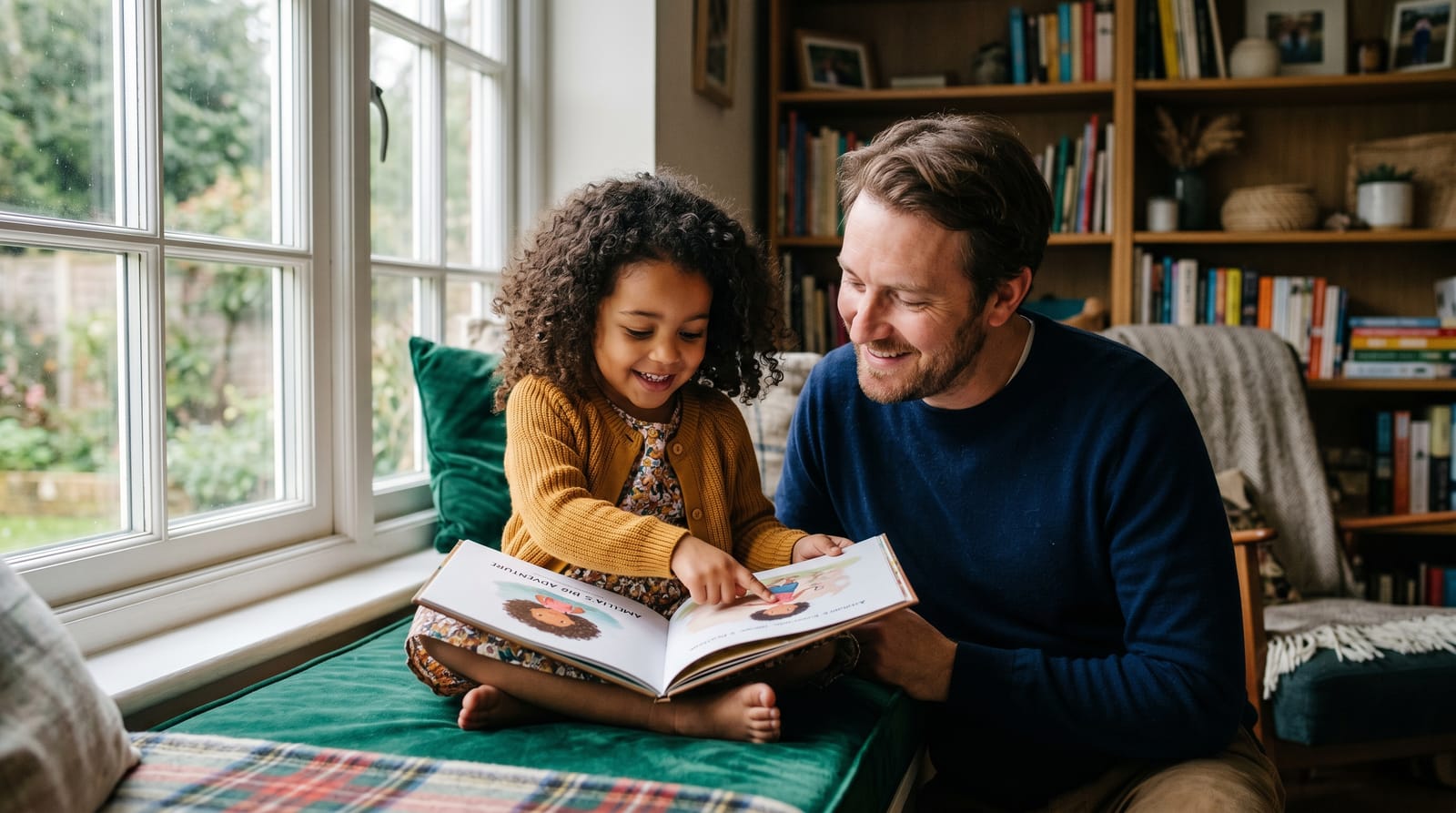 Girl with dark curly hair points to herself in a personalized children's book while her father watches with pride on a sunlit velvet window bench.
