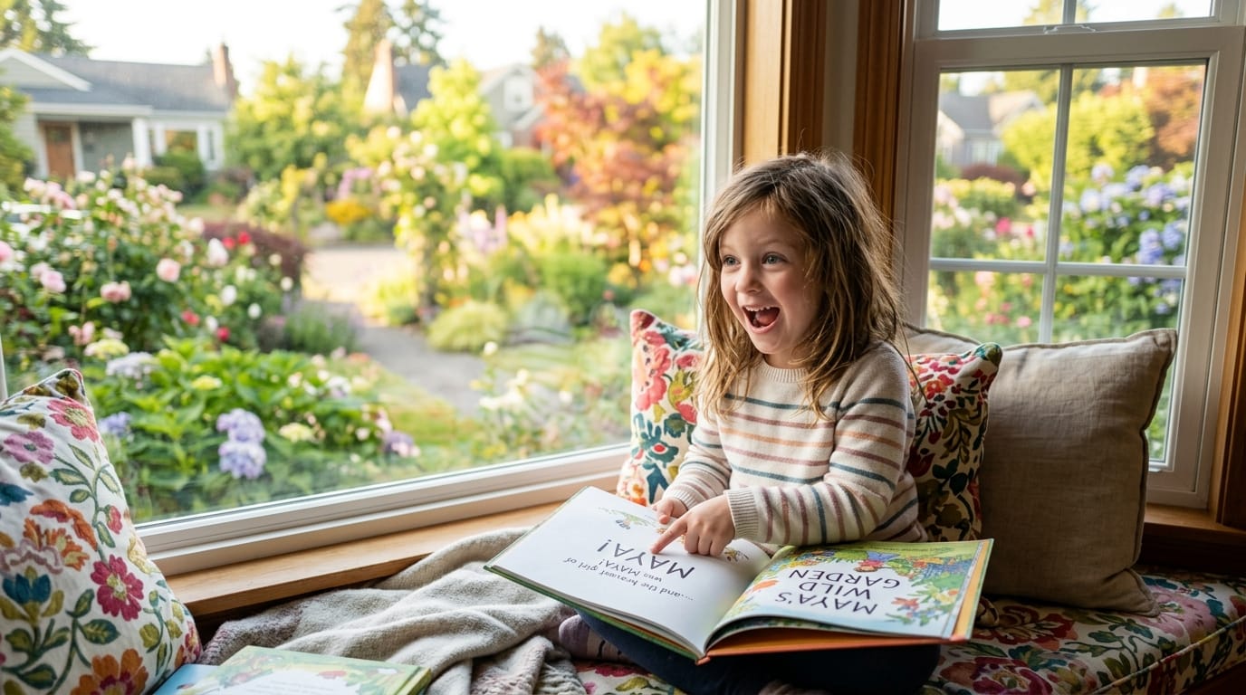 Delighted girl points to her name in a personalized children's book on a cozy window seat overlooking a vibrant garden in soft morning light.