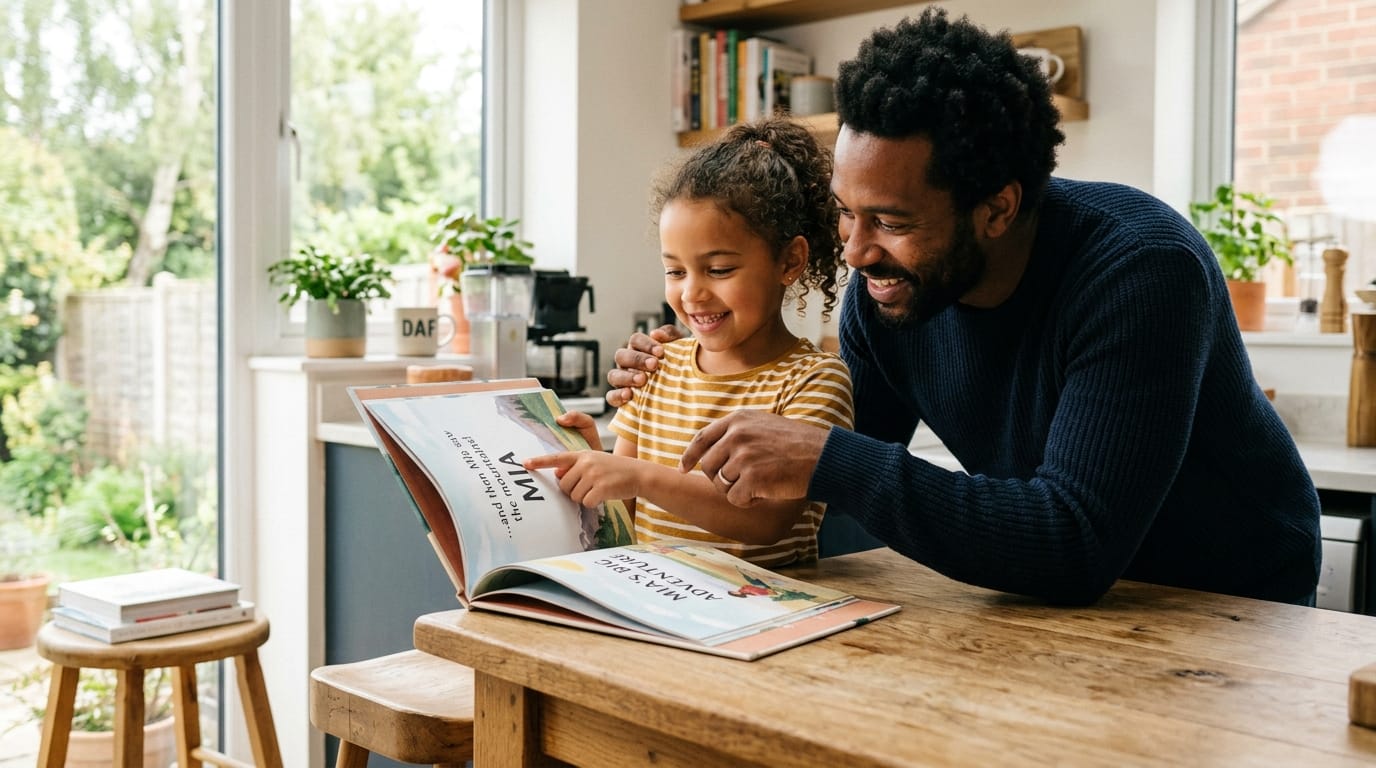 Diverse father and daughter smile as she points to her name in a personalized children's book, feeling empowered in their sunlit, modern home.