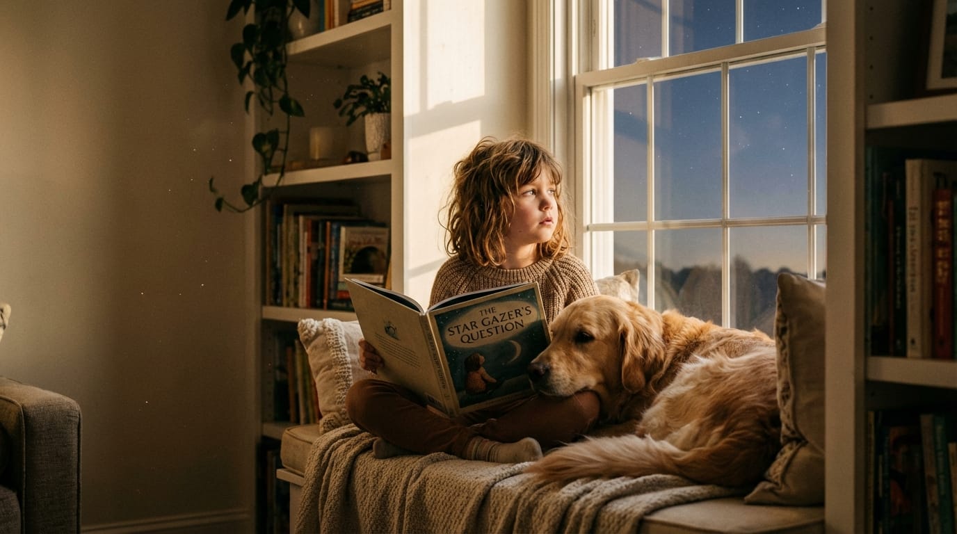 Thoughtful girl on a window seat with a golden retriever, gazing at stars while reflecting on an open personalized children's book at golden hour.