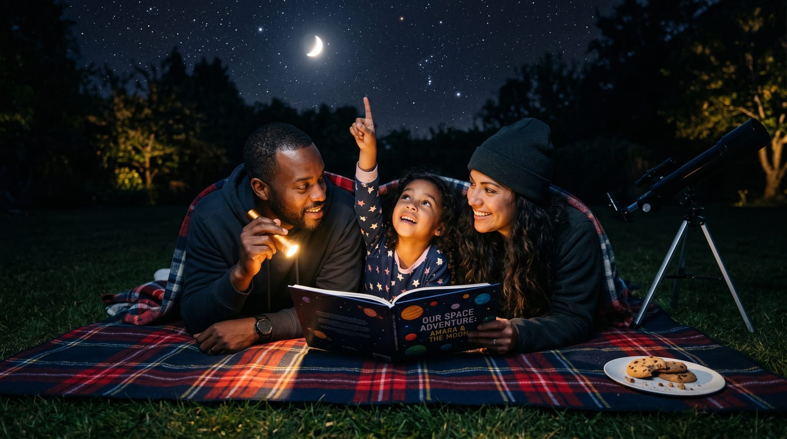 Diverse family reading a personalized children's book about space by flashlight under stars as a girl points at the moon near a backyard telescope.