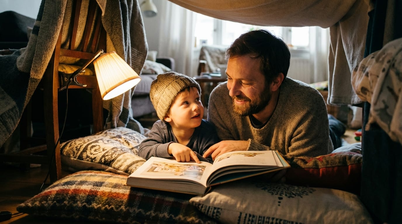 Father and son sharing a bonding moment in a cozy blanket fort, reading a personalized children's book under the warm glow of a small reading lamp.