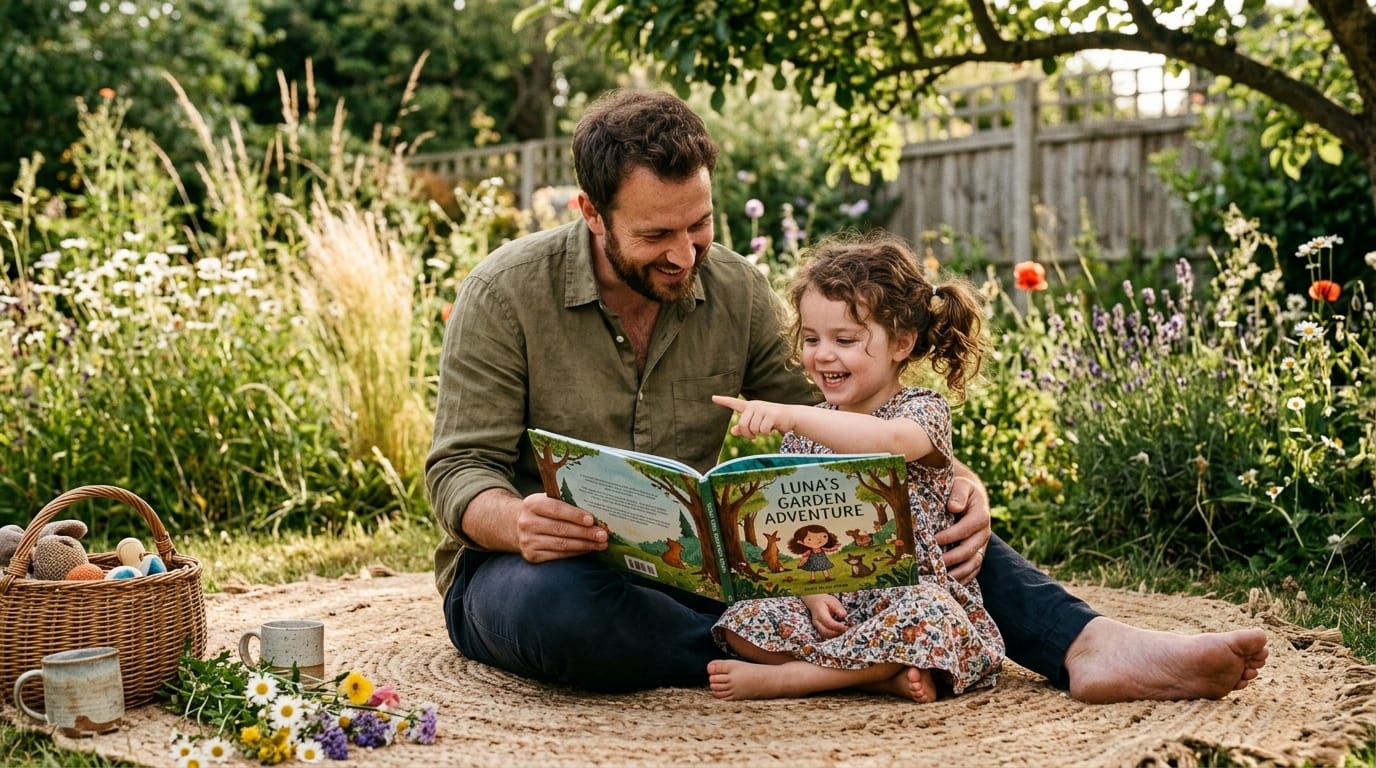 Father and daughter enjoy a personalized children's book on a woven backyard rug. The girl points to a character reflecting her own likeness.