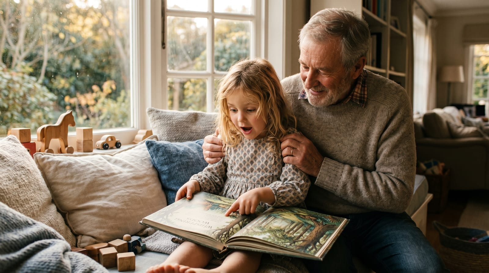 A young girl and her grandfather share a moment of wonder reading a personalized children's book on a sunlit window seat during golden hour.