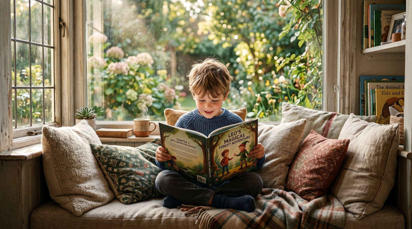 Boy in a knit sweater reads a personalized children's book in a sun-drenched window nook, captivated by seeing his name and likeness on the pages.