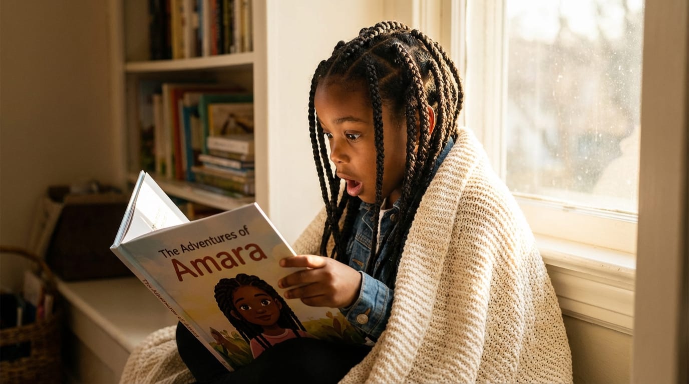 Young girl with braids points at her likeness in a personalized children's book, sitting in a sunny reading nook with a soft, knitted blanket.