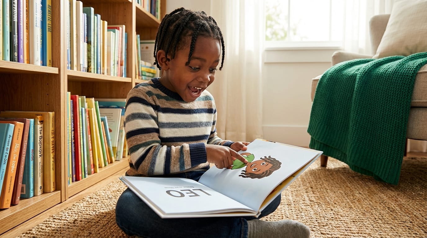 A joyful young Black boy points to a character matching his braids in a personalized children's book, seated in a cozy, sunlit library reading corner.