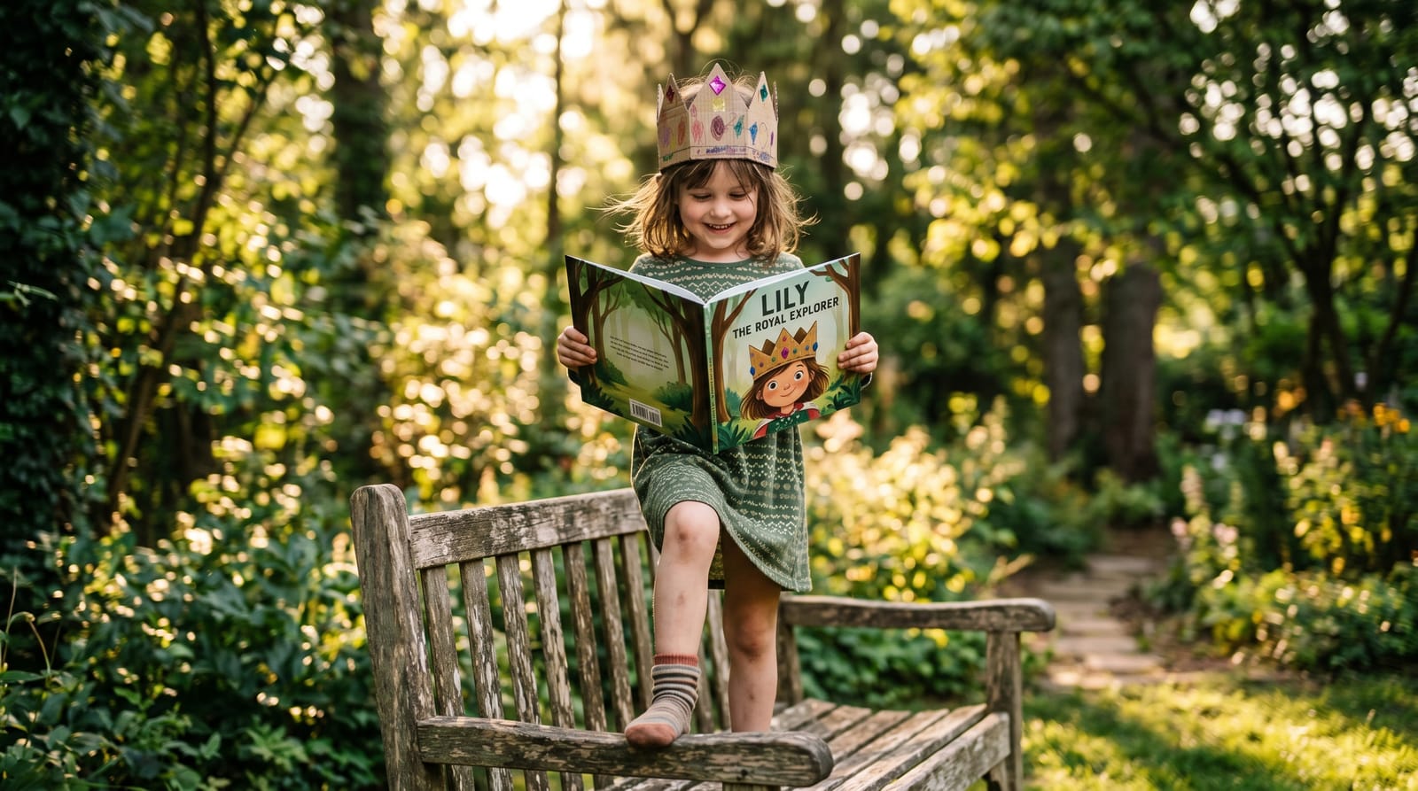 Young girl in a cardboard crown stands heroically on a garden bench, reading a personalized children's book with joy in a sunlit, leafy backyard.