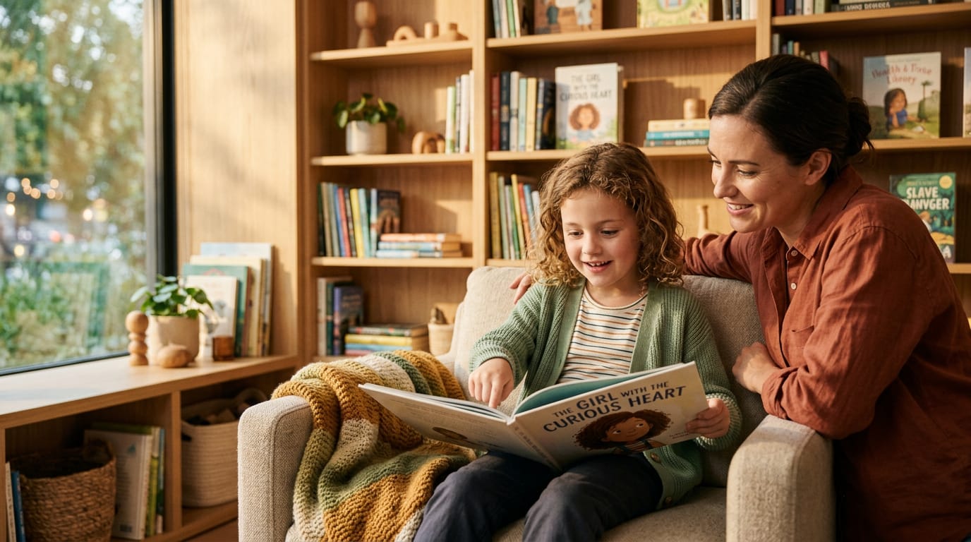 Neurodiverse girl points to a character mirroring her in a personalized children's book, sharing a heartfelt moment with her mother in a sunlit nook.