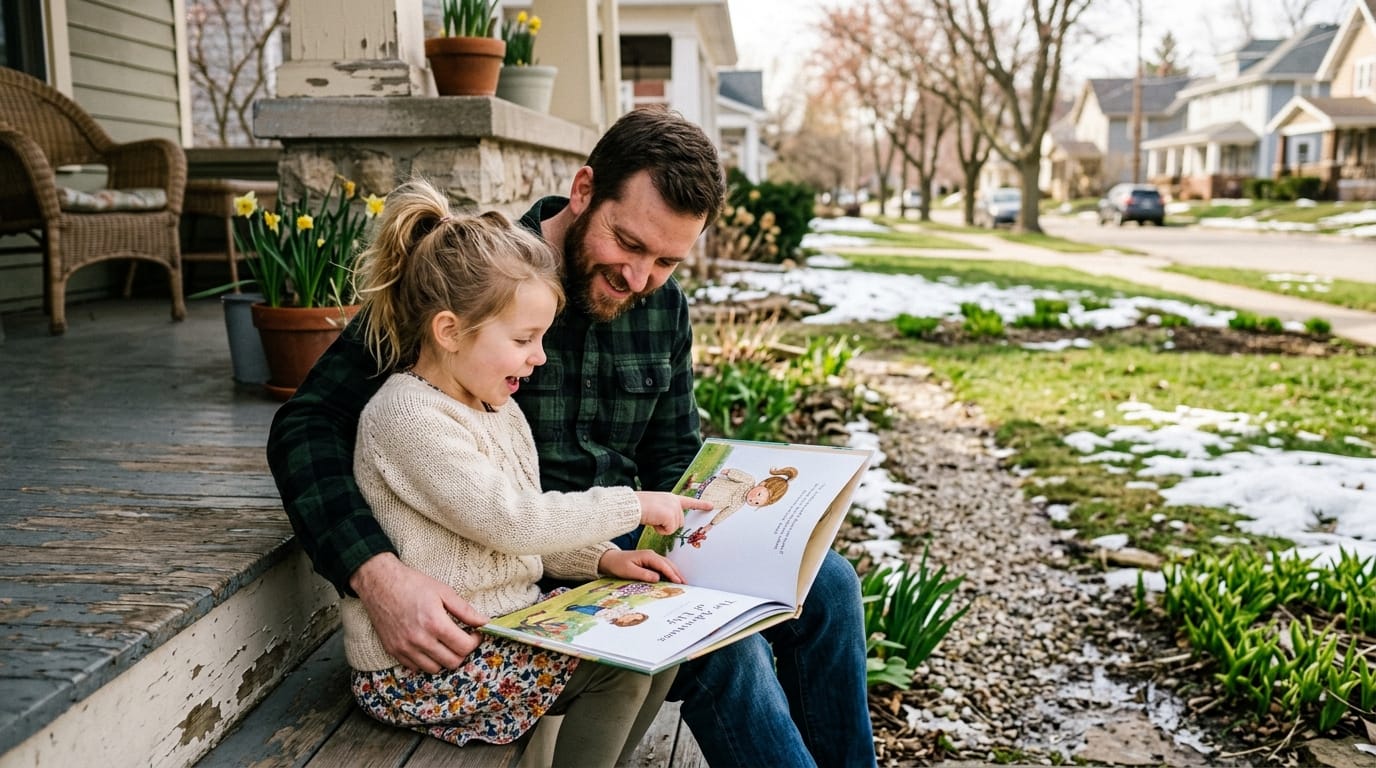 Father and daughter bond on a sunny spring porch over a personalized children's book; she points at a character mirroring her outfit and hairstyle.