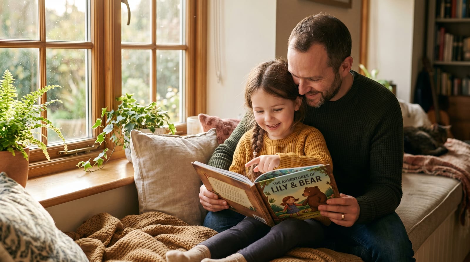 Father and daughter bond in a sunlit window seat while reading a personalized storybook, the young girl pointing at the pages with pure wonder.