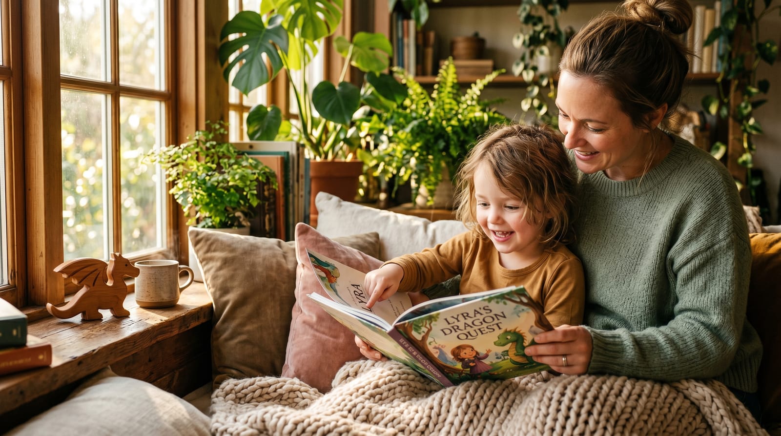 Child and parent huddle over a personalized storybook in a cozy, sunlit nook near lush plants, a knit blanket, and a small wooden dragon toy.