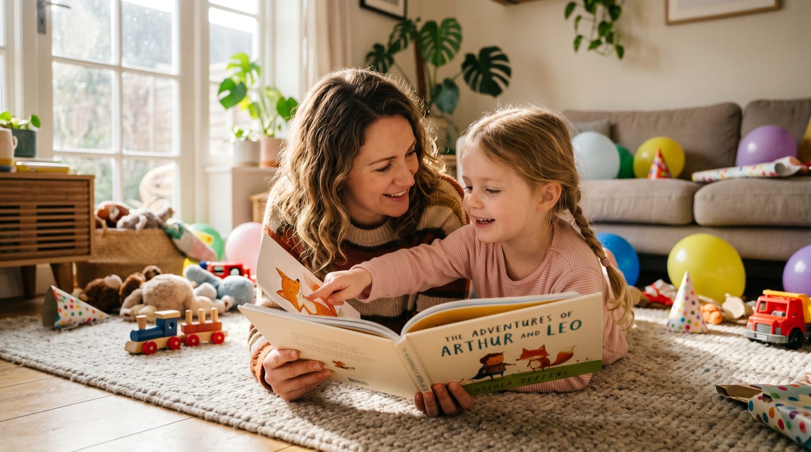 Mother and daughter bond over a personalized children's book in a sunlit room, sharing a moment of wonder after a birthday party celebration.