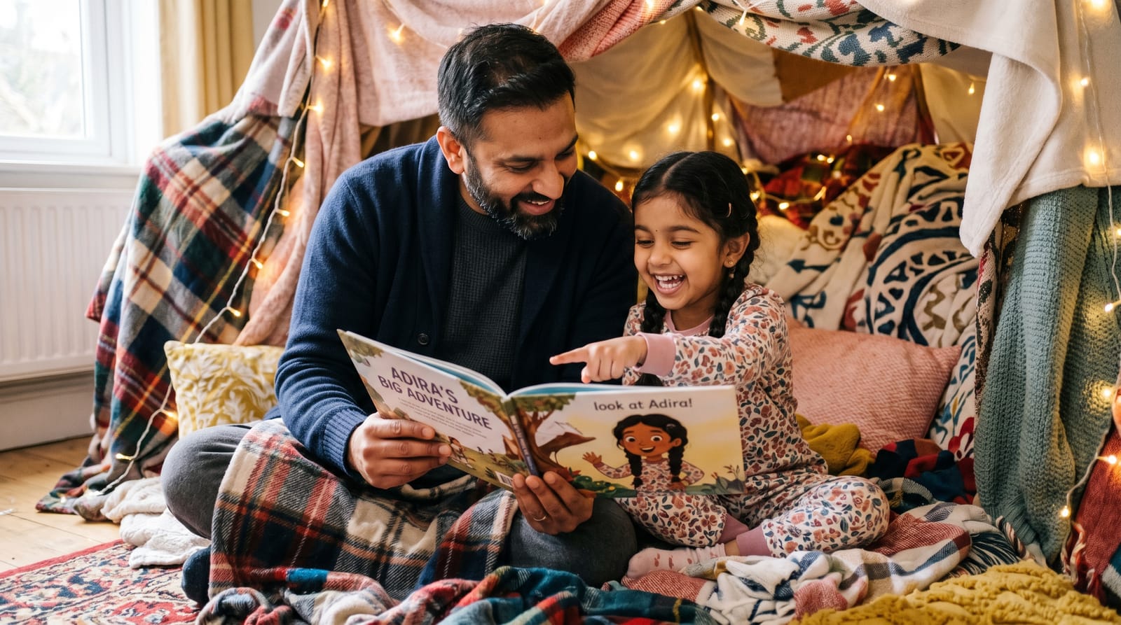South Asian father and daughter read a personalized storybook in a cozy blanket fort lit by string lights, the girl pointing at her likeness.