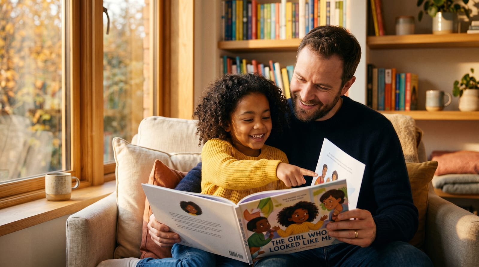 Curly-haired girl in a yellow sweater points to her likeness in a personalized children's book as her father watches in a sunlit modern nook.