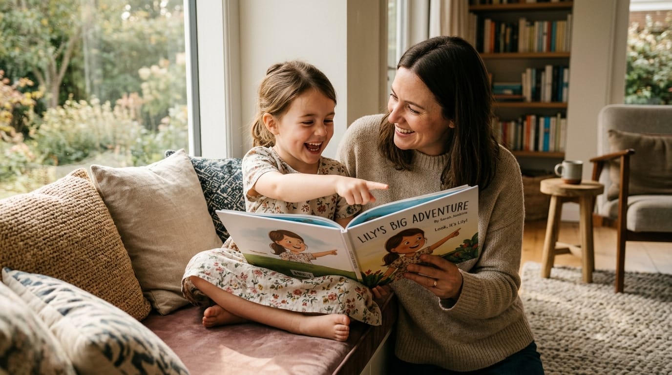 A young girl discovers her likeness in a personalized children's book while sitting on a sunlit window seat with her smiling, supportive mother.