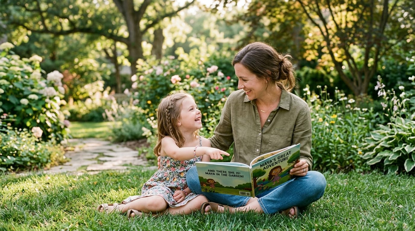 A girl points to a character in her personalized storybook, smiling at her mother while sitting on backyard grass in soft, filtered garden sunlight.