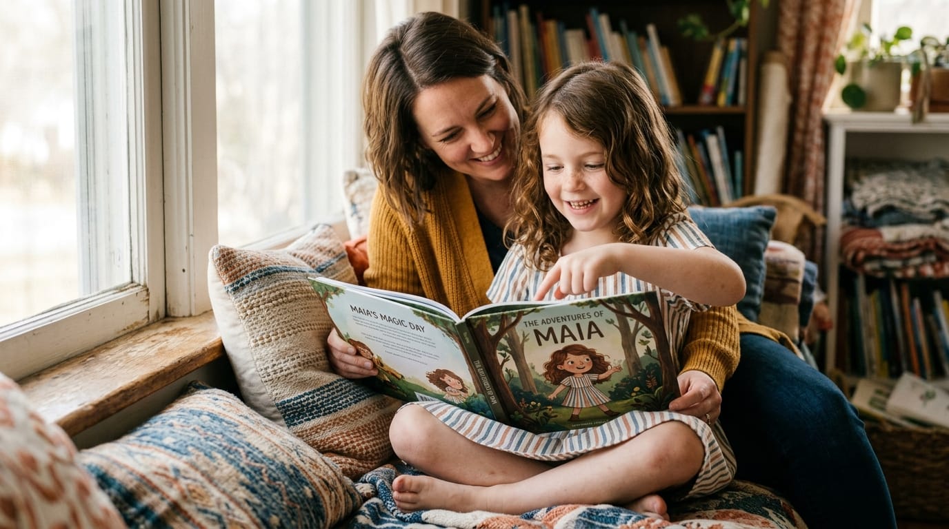 A joyful girl points at her likeness in a personalized children's book while reading with her mother in a sun-drenched, cozy reading nook.