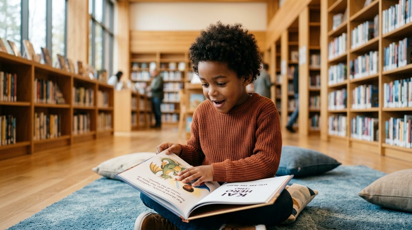 Diverse young boy in a knit sweater discovers himself as the hero in a personalized children's book, sitting on a sunlit library floor with wonder.