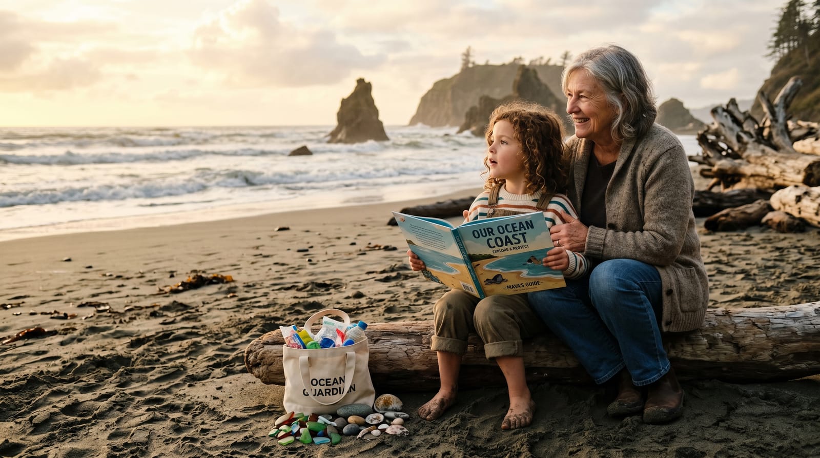A girl and grandmother on a beach at golden hour. She looks from an open personalized children's book to the ocean near a bag of sea glass and litter.
