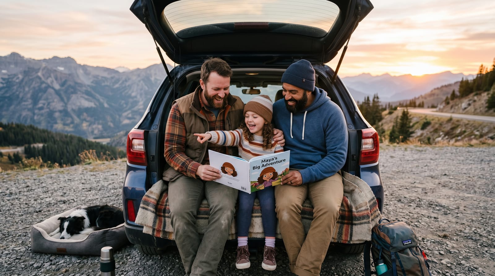 Two fathers and their daughter laugh on a mountain road trip at sunset, as she points to her character in a personalized children's book on an SUV.