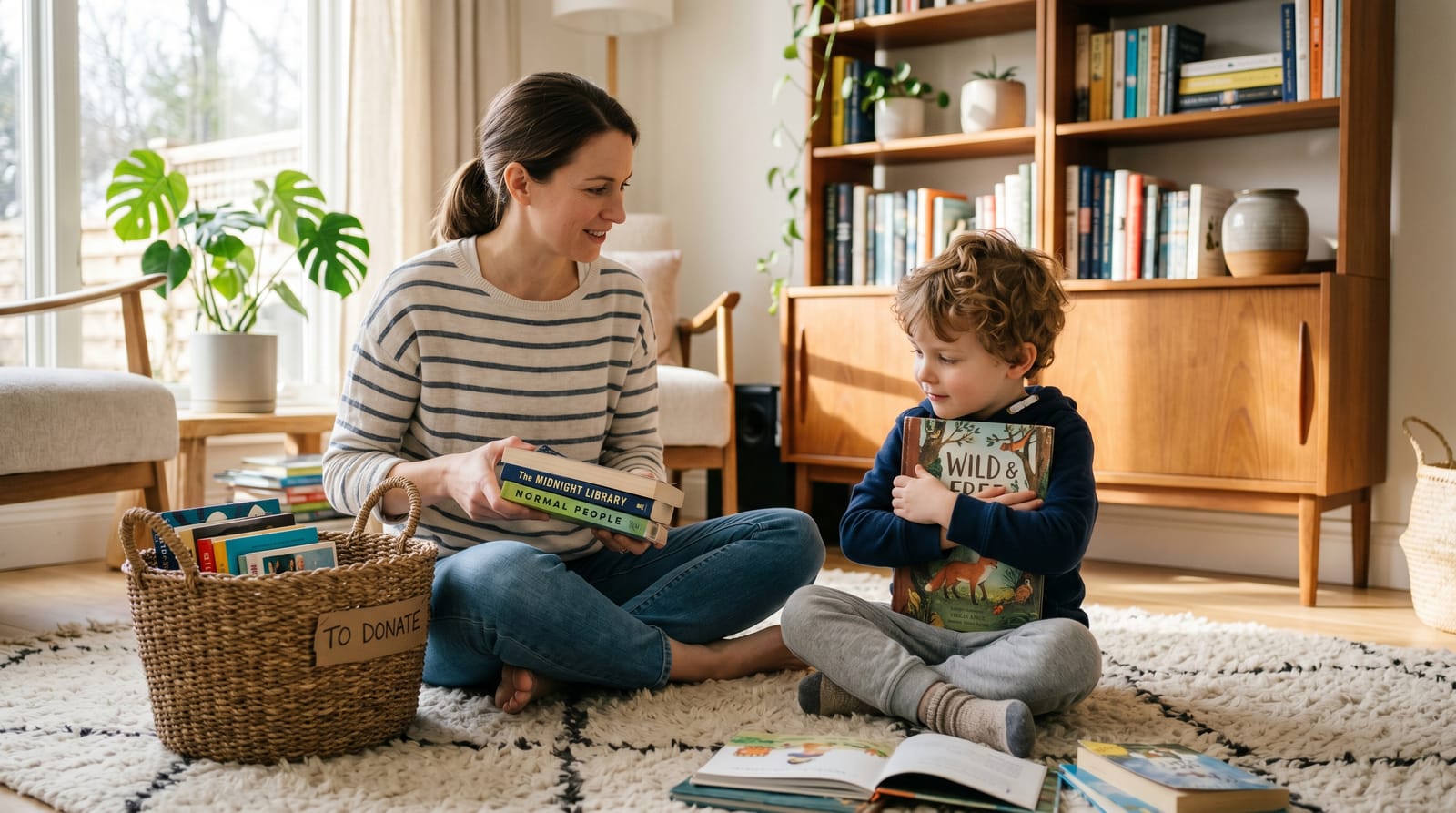 A boy hugs a high-quality personalized children's book while his mother puts generic paperbacks in a donation basket in a sunlit, modern room.