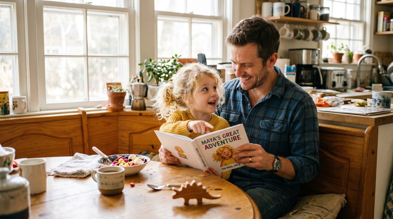 Father and daughter share a personalized children's book in a sunlit kitchen; she points at her character likeness while he looks on with pride.