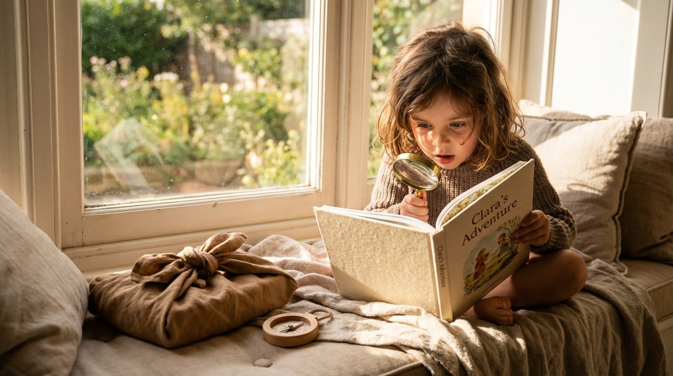 Young girl uses a magnifying glass to read a personalized children's book on a sunlit window seat next to a wooden toy compass and linen wrap.