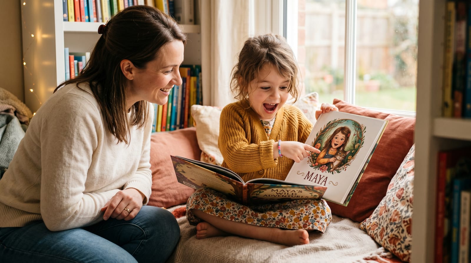Shocked, happy girl discovers her name in a personalized children's book, sharing an intimate moment with her mother in a sunlit reading nook.