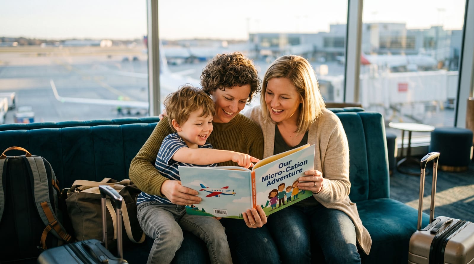Two mothers and their son huddle on a velvet banquette in a sunny airport lounge, reading a personalized children's book as the boy points excitedly.