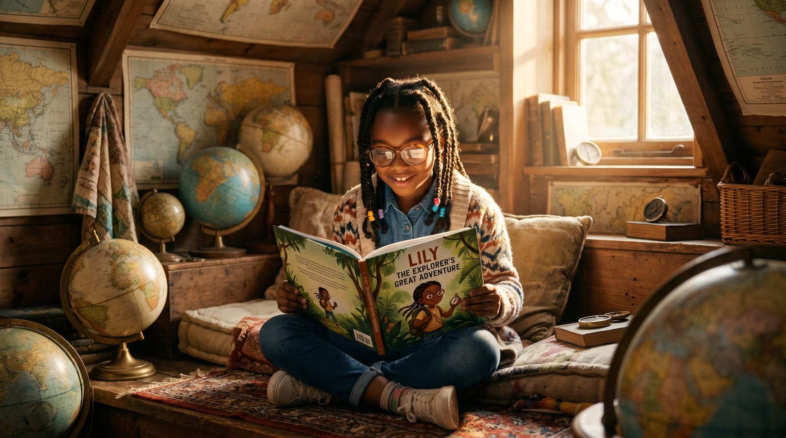 Young girl with braids reads a personalized children's book in a sunlit attic nook, seeing her likeness and confidence in the explorer protagonist.