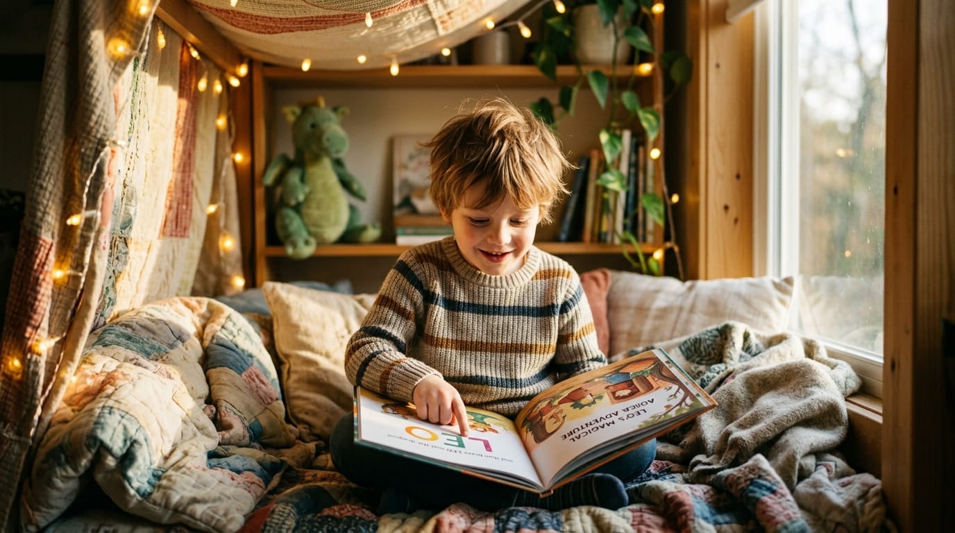 Child in a sun-drenched reading nook traces their name in a personalized children's book with wonder, surrounded by fairy lights and a plush dragon.
