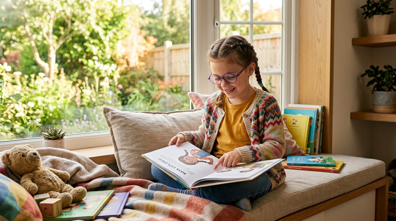 Empowered girl with glasses reads a personalized children's book on a modern, sunlit window seat, pointing to a character that mirrors her likeness.