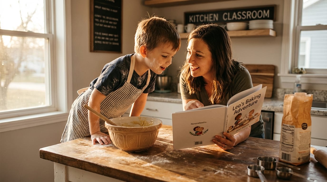 A boy in a flour-dusted apron reads a personalized children's book with his mother on a kitchen counter, capturing a moment of family connection.