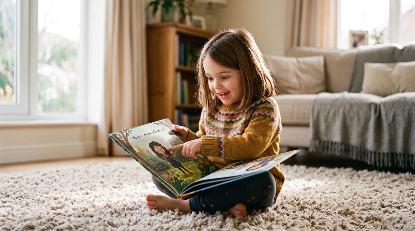Young girl on a plush rug points in amazement at her own likeness and name inside a personalized children's book in a sunlit, cozy living room.