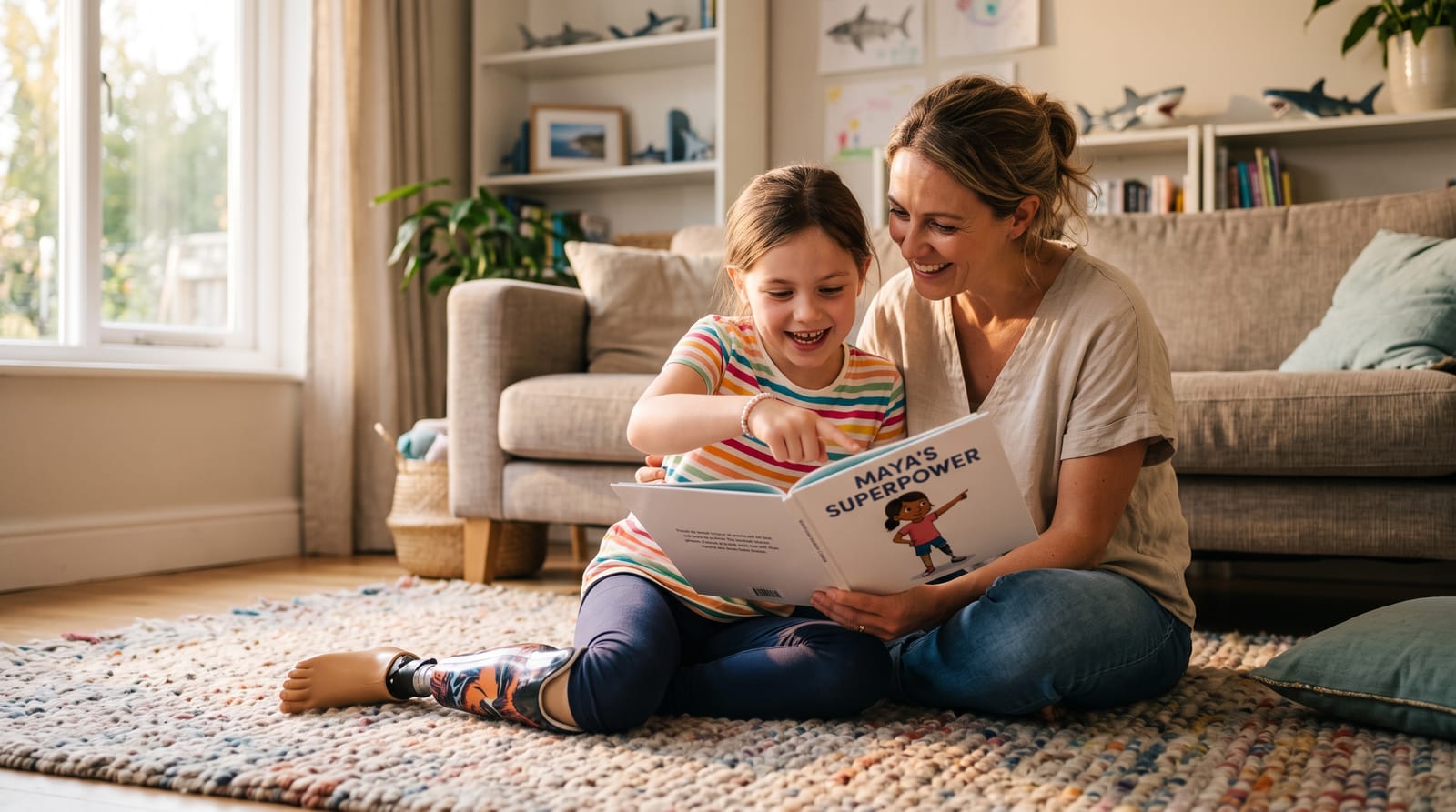 A girl with a prosthetic leg points to a personalized storybook mirroring her likeness as she reads with her mother in a sun-drenched room.