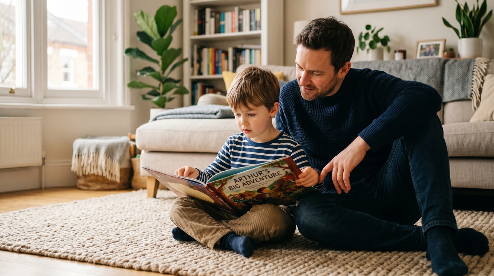 Father and son sit on a cozy rug as they read a personalized storybook together, exploring friendship and empathy in a sun-drenched living room.