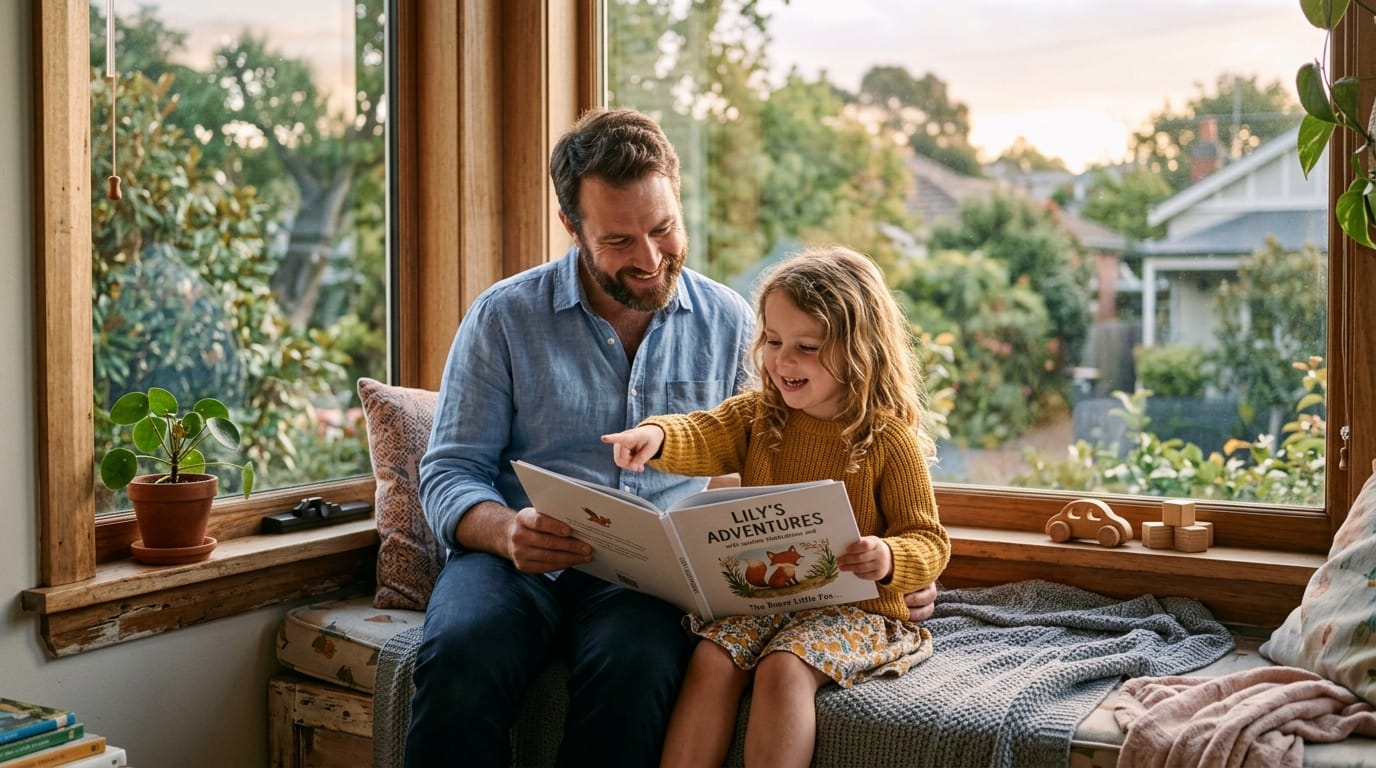 Father and daughter reading a personalized children's book on a sunny window seat, daughter pointing at pages during golden hour in a cozy home.
